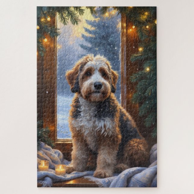 Bernedoodle mit Weihnachtsbeleuchtung Urlaub (Vertikal)