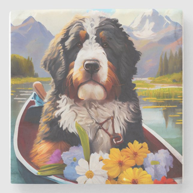 Bernedoodle on a Paddle: Ein Landschaftliches Aben Steinuntersetzer (Vorderseite)