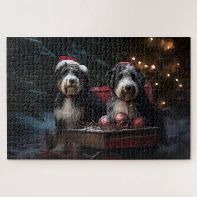 Bernedoodle Snowy Sleigh Weihnachtsdekor (Horizontal)