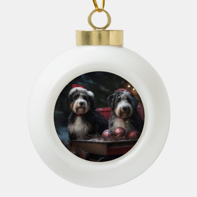 Bernedoodle Snowy Sleigh Weihnachtsdekor Keramik Kugel-Ornament (Vorderseite)