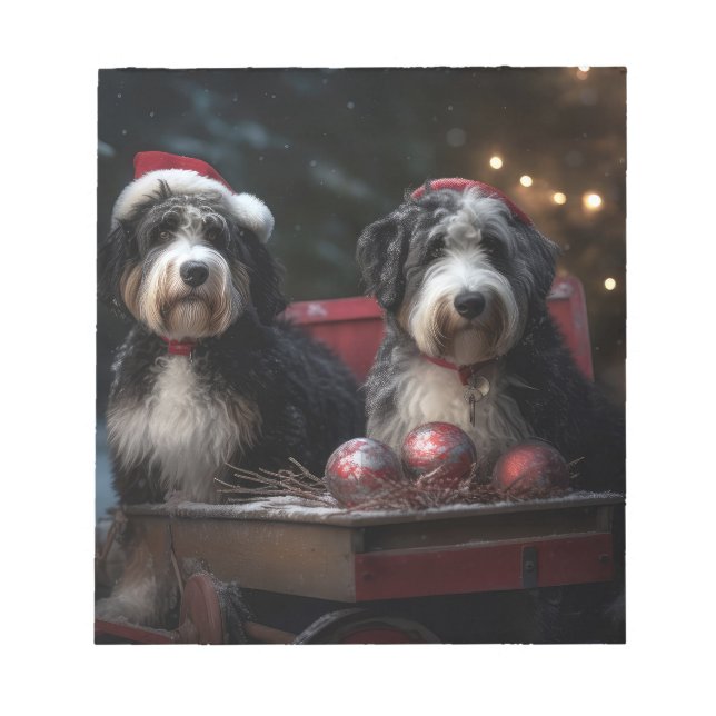 Bernedoodle Snowy Sleigh Weihnachtsdekor Notizblock (Vorderseite)