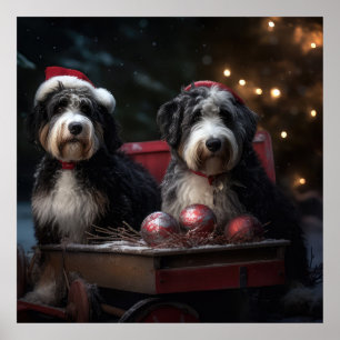 Bernedoodle Snowy Sleigh Weihnachtsdekor Poster