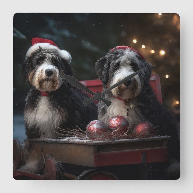 Bernedoodle Snowy Sleigh Weihnachtsdekor Quadratische Wanduhr (Vorderseite)