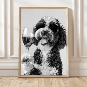 Bernedoodle trinkt Wein Wandkunst, Schwarz und Wei Poster