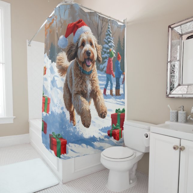 Bernedoodle Weihnachtsfest Schneeszene Duschvorhang (Beispiel)