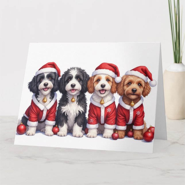 Bernedoodle-Weihnachtskleid mit Santa-Hut Karte (Vorderseite)