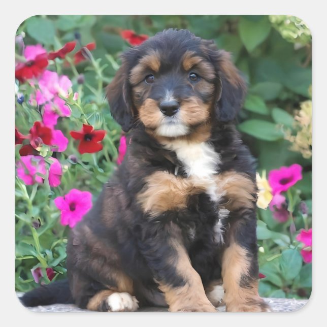 Bernedoodle-Welpe in Petunien Quadratischer Aufkleber (Vorderseite)
