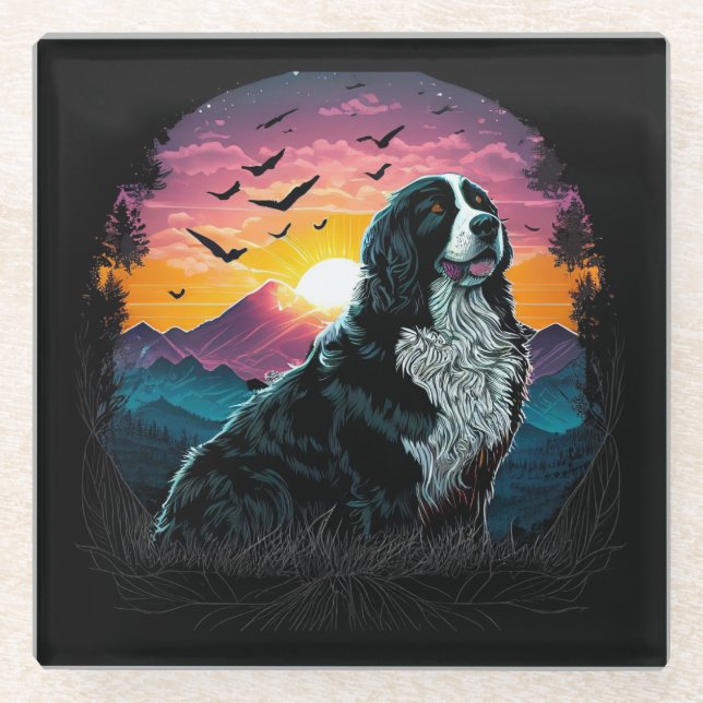 Berner Hund mit Aussicht auf den Berg Sonnenaufgan Glasuntersetzer (Vorderseite)