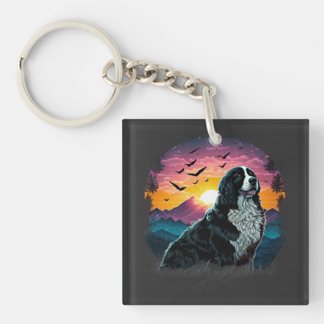 Berner Hund mit Aussicht auf den Berg Sonnenaufgan Schlüsselanhänger (Vorderseite)