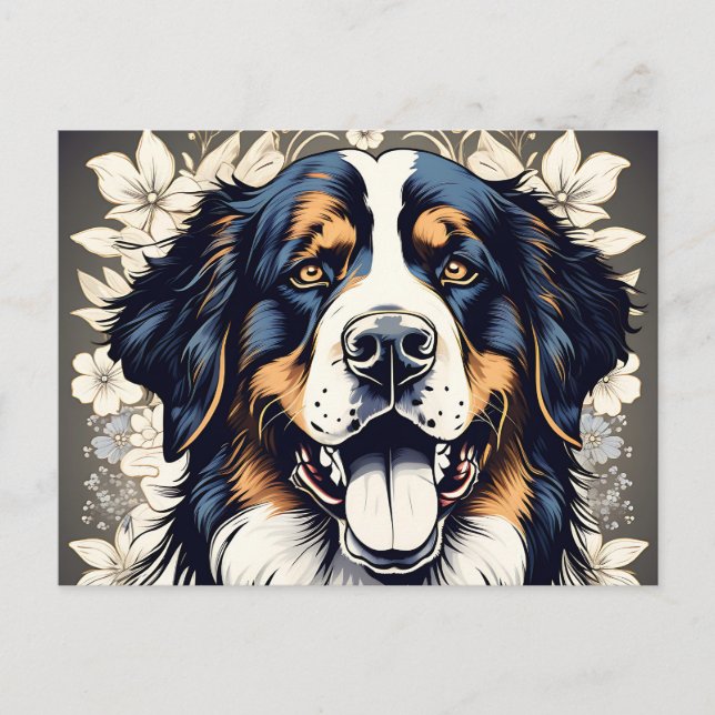 Berner Hund und Blume Postkarte (Vorderseite)