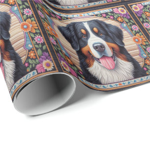 Berner Sennenhund Blumige Farbige Umrandung Geschenkpapier
