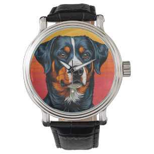 Berner Sennenhund gegen warme Sonnenuntergangsfarb Armbanduhr