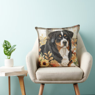 Berner Sennenhund Herbst Aquarell Blumen Kissen