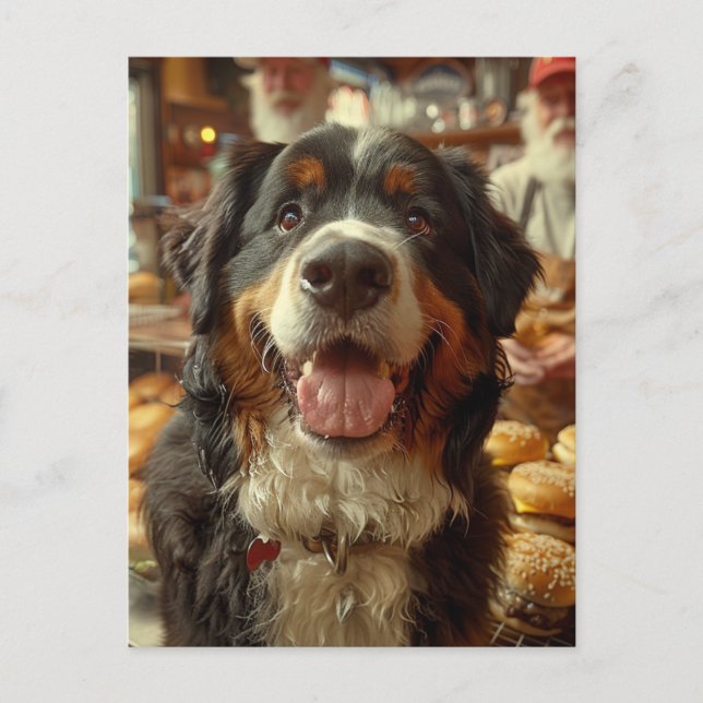Berner Sennenhund im Cheeseburger-Laden Postkarte (Vorderseite)
