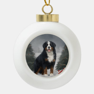 Berner Sennenhund im Schnee Weihnachten Keramik Kugel-Ornament