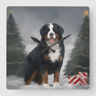 Berner Sennenhund im Schnee Weihnachten Quadratische Wanduhr