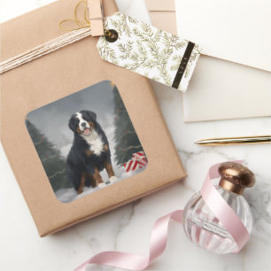 Berner Sennenhund im Schnee Weihnachten Quadratischer Aufkleber