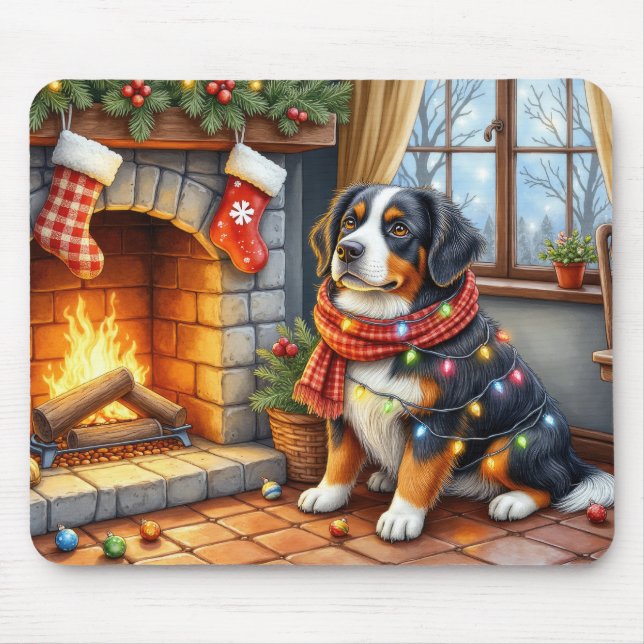 Berner Sennenhund Kamin mit Weihnachtslichtern Mousepad (Vorne)