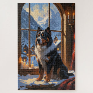 Berner Sennenhund mit Weihnachtsbeleuchtung Feiert
