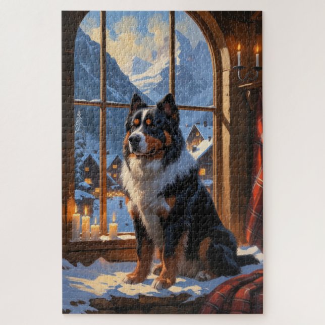 Berner Sennenhund mit Weihnachtsbeleuchtung Feiert (Vertikal)