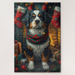 Berner Sennenhund mit Weihnachtsgeschenken Kamin