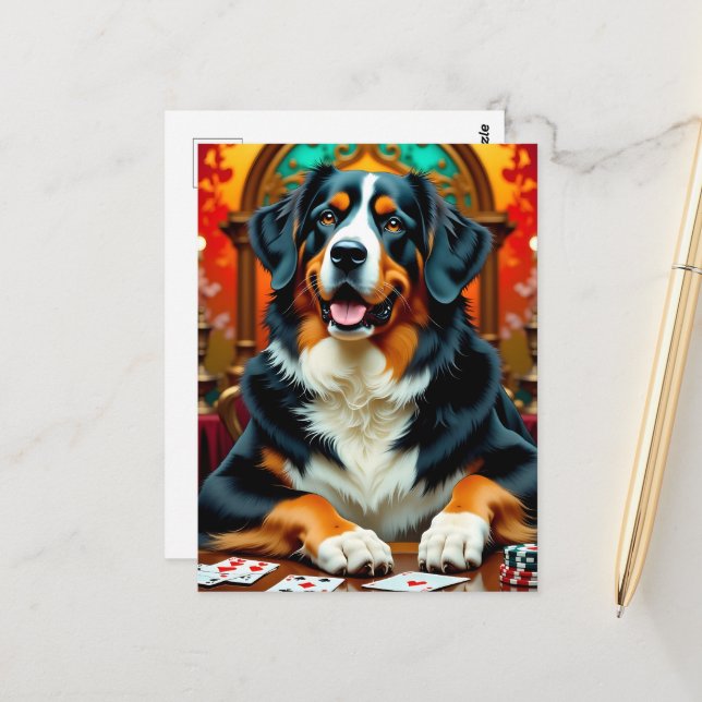 Berner Sennenhund spielt Poker Postkarte (Vorderseite/Rückseite Beispiel)