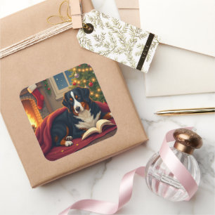 Berner Sennenhund Weihnachtsbettgeschichte Quadratischer Aufkleber