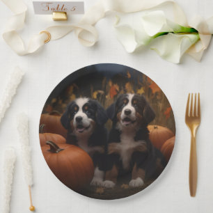 Berner Sennenhund-Welpe Herbstfreude Kürbis Pappteller