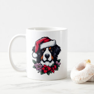 Bernese Hund mit Weihnachtsmannmütze und Florals Kaffeetasse