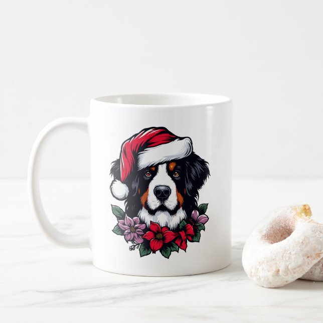 Bernese Hund mit Weihnachtsmannmütze und Florals Kaffeetasse (Mit Donut)