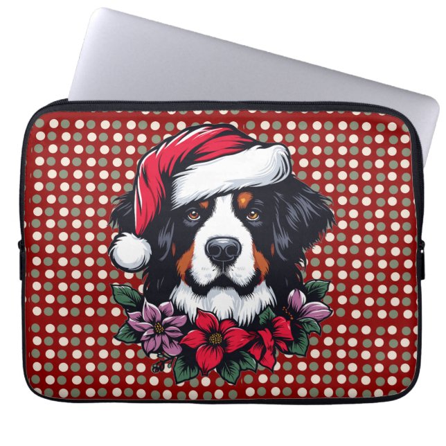 Bernese Hund mit Weihnachtsmannmütze und Florals Laptopschutzhülle (Vorderseite)