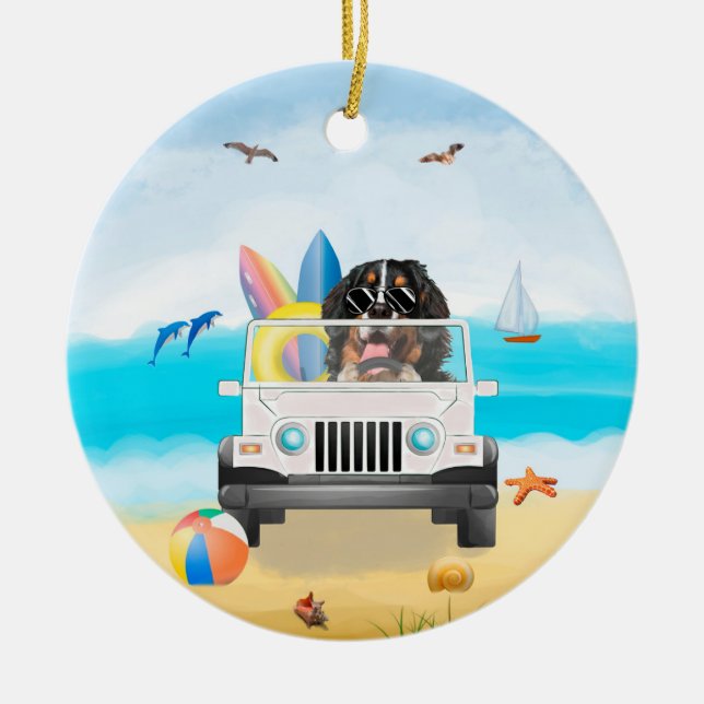 bernese Hunde fahren am Strand Keramik Ornament (Vorne)