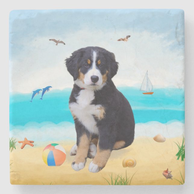 Bernese Mountain Dog am Strand Steinuntersetzer (Vorderseite)