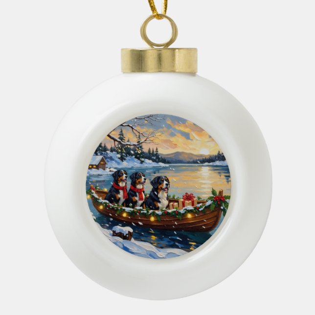 Bernese Mountain Dog Christmas Boat Holiday Keramik Kugel-Ornament (Vorderseite)