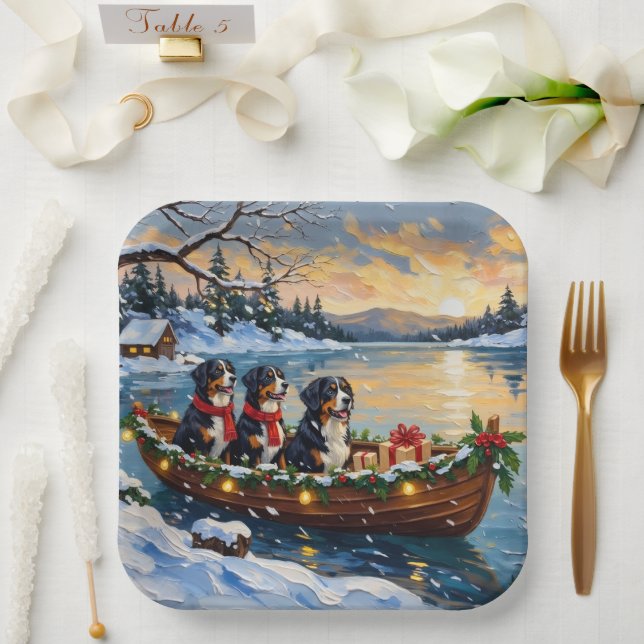 Bernese Mountain Dog Christmas Boat Holiday Pappteller (Hochzeit)