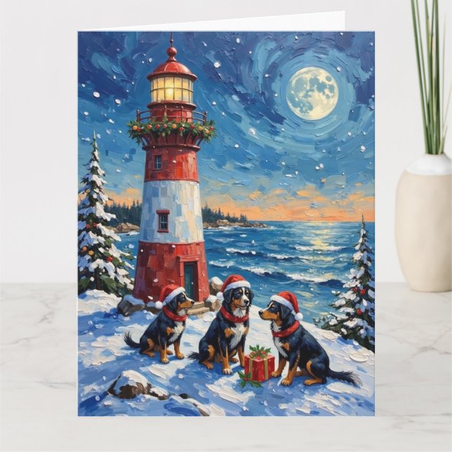 Bernese Mountain Dog Christmas Lighthouse Holiday Karte (Vorderseite)