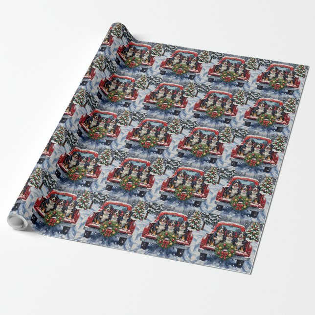 Bernese Mountain Dog Christmas Red Truck Holiday Geschenkpapier (Ungerollt)