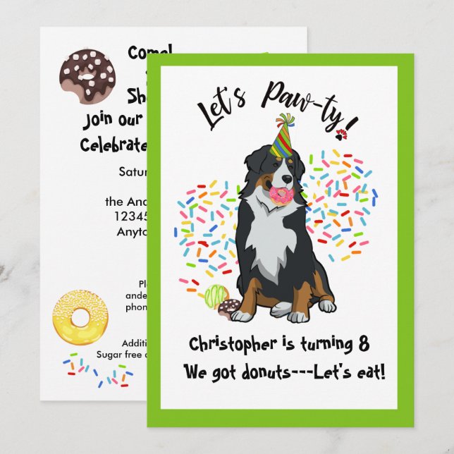 Bernese Mountain Dog Donut Invitation de fête d'an (Devant / Derrière)