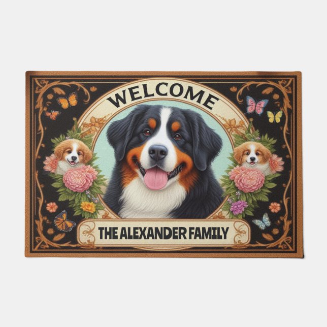 Bernese Mountain Dog Floral Familienname Willkomme Fußmatte (Vorderseite)