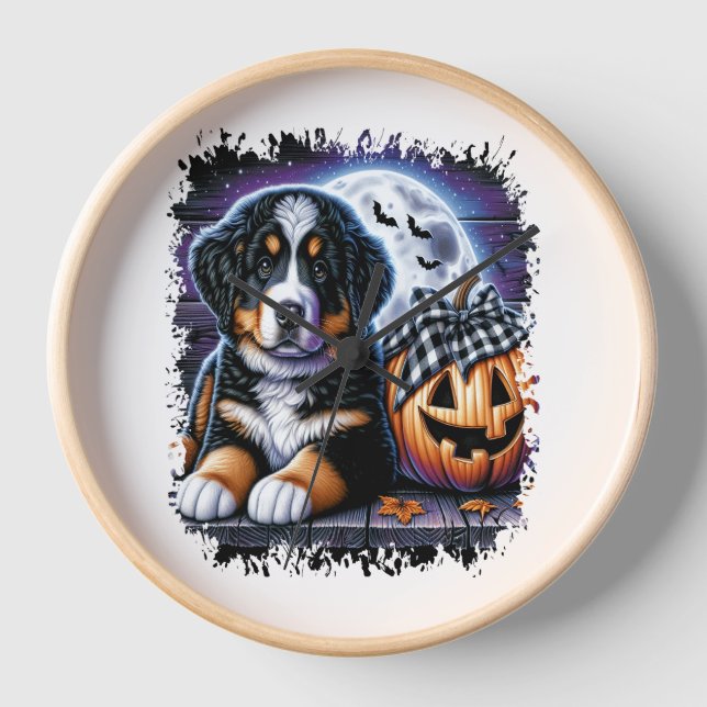 Bernese Mountain Dog Halloween Uhr (Vorderseite)