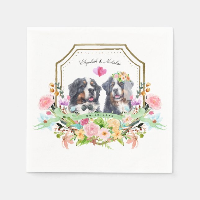 Bernese Mountain Dog | Hochzeit von Gold Floral Wa Serviette (Vorderseite)