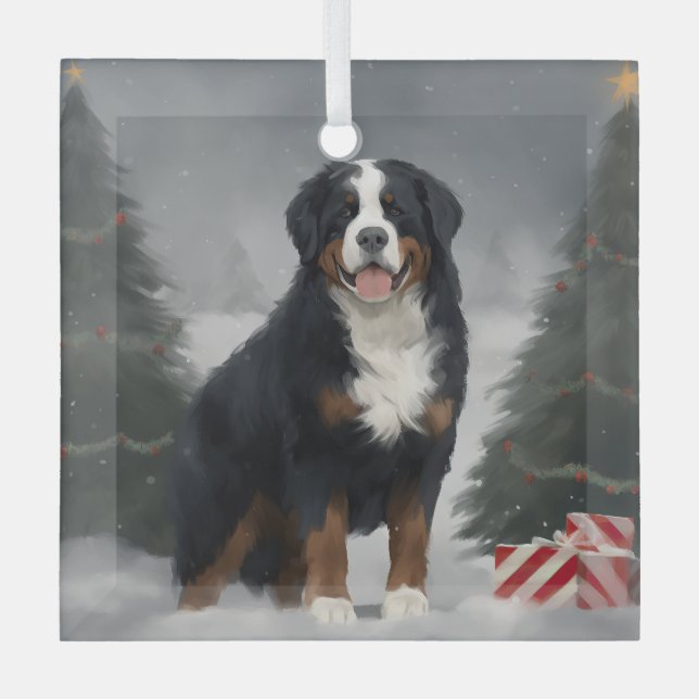 Bernese Mountain Dog im Schnee Weihnachten Ornament Aus Glas (Vorderseite)