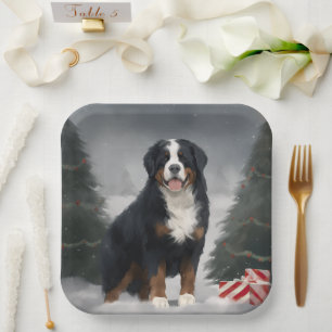 Bernese Mountain Dog im Schnee Weihnachten Pappteller
