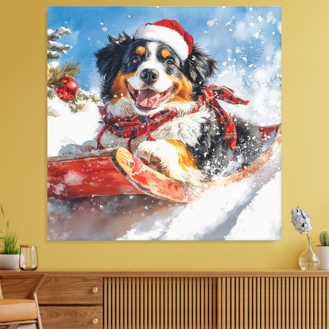 Bernese Mountain Dog in Sledge Weihnachten Leinwanddruck (Insitu (Wohnzimmer))