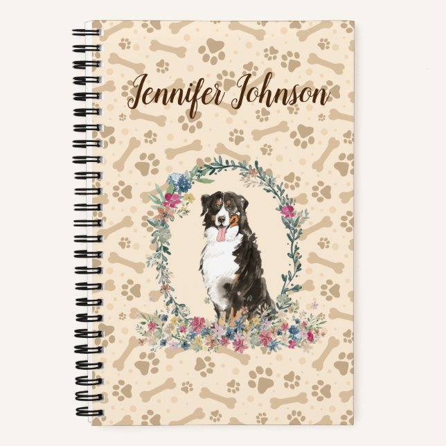 Bernese Mountain Dog Paw Print & Floral Niedlich Notizbuch (Vorderseite)