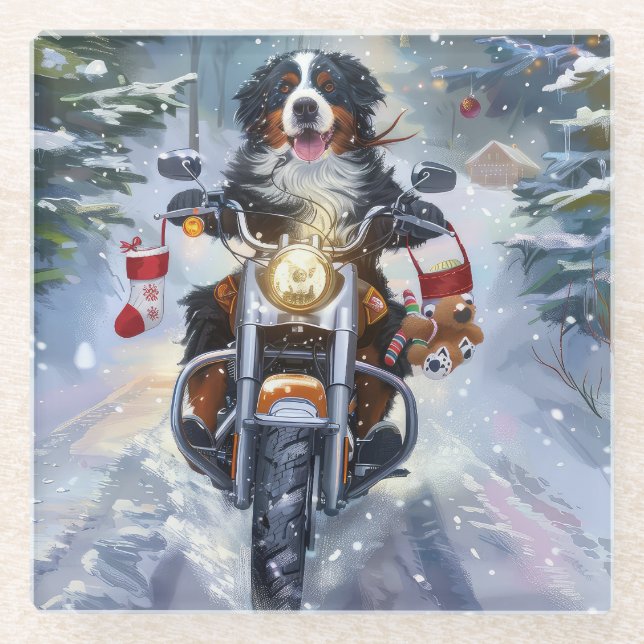 Bernese Mountain Dog Riding Motorrad Weihnachten Glasuntersetzer (Vorderseite)