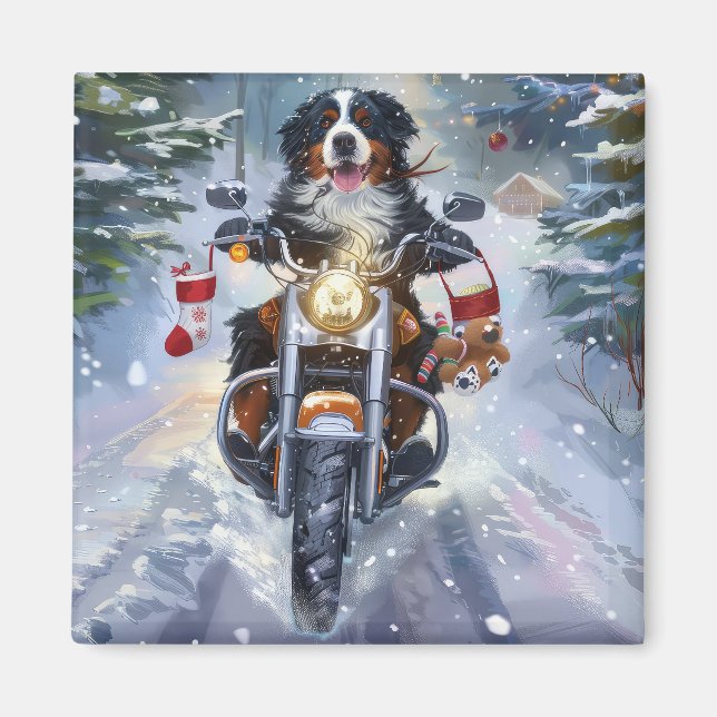 Bernese Mountain Dog Riding Motorrad Weihnachten Magnet (Vorne)