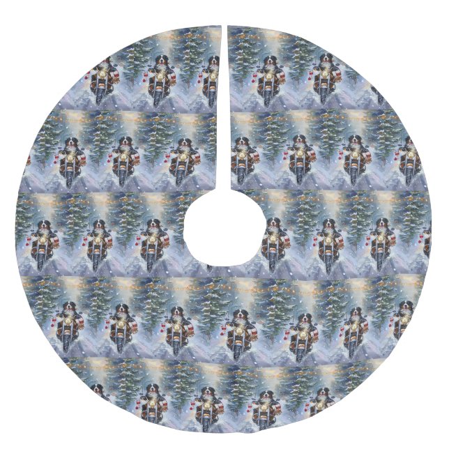 Bernese Mountain Dog Riding Motorrad Weihnachten Polyester Weihnachtsbaumdecke (Vorderseite)