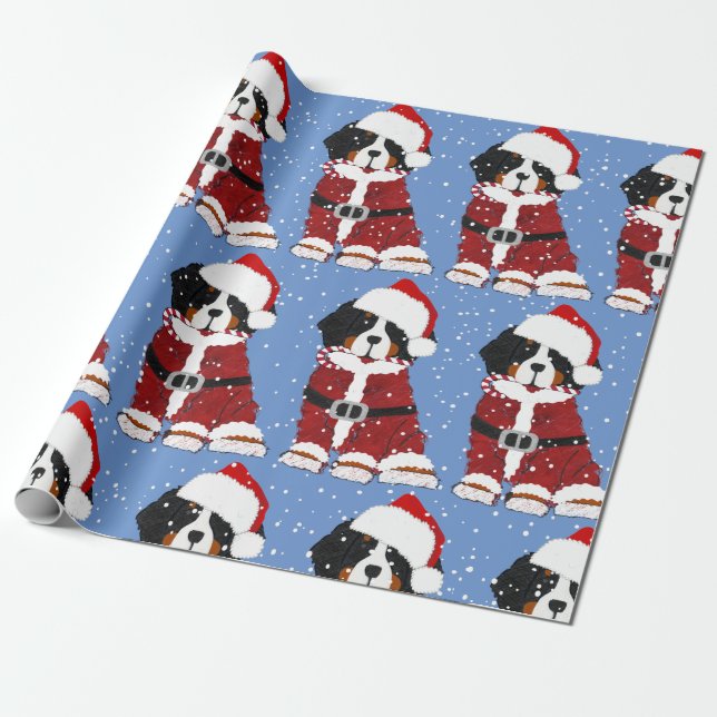 Bernese Mountain Dog Santa Paws Blue Geschenkpapier (Ungerollt)