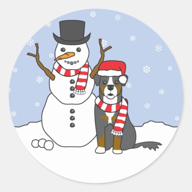 Bernese Mountain Dog und Snowman Runder Aufkleber (Vorderseite)
